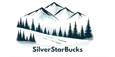 Snowy mountain scene with a ski slope in the front end. SilverStarbucks in the front end.